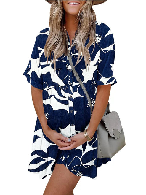 Women's Casual Boho Print Button Front Babydoll Dress