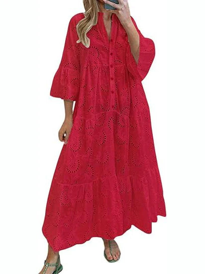 Women's 2026 Solid Color Lace Eyelet Maxi Dress with Pockets