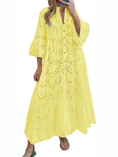 Women's 2026 Solid Color Lace Eyelet Maxi Dress with Pockets