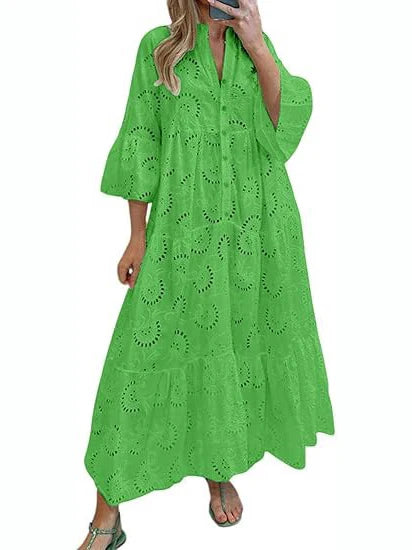 Women's 2026 Solid Color Lace Eyelet Maxi Dress with Pockets