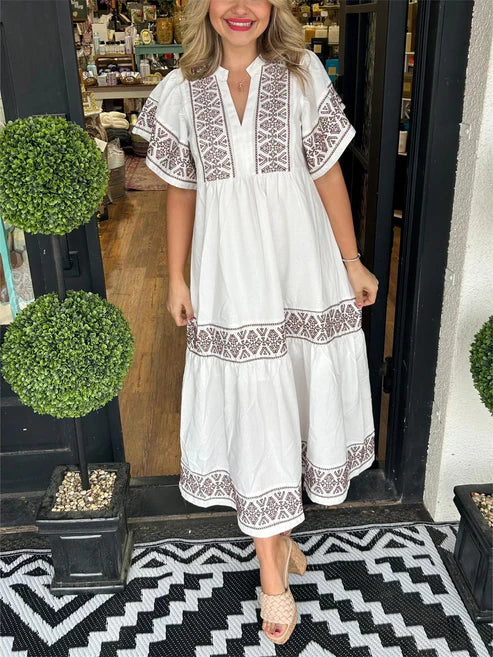 Women's V-Neck Boho Print Maxi Dress