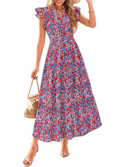Women's Boho Casual Print V Neck Ruffle Maxi Dress