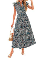 Women's Boho Casual Print V Neck Ruffle Maxi Dress
