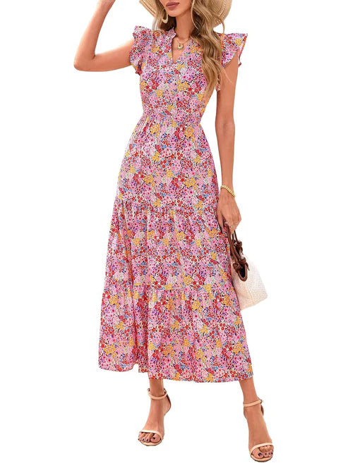Women's Boho Casual Print V Neck Ruffle Maxi Dress