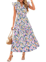 Women's Boho Casual Print V Neck Ruffle Maxi Dress