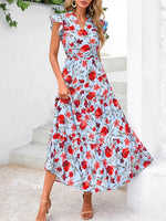 Women's Boho Casual Print V Neck Ruffle Maxi Dress