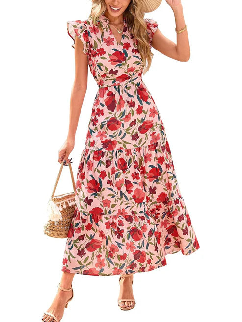 Women's Boho Casual Print V Neck Ruffle Maxi Dress