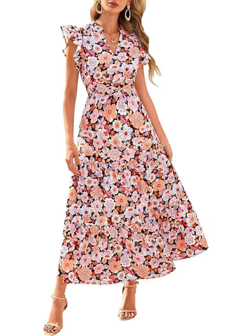 Women's Boho Casual Print V Neck Ruffle Maxi Dress