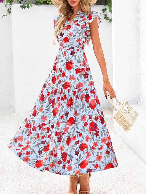 Women's Boho Casual Print V Neck Ruffle Maxi Dress