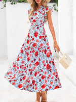 Women's Boho Casual Print V Neck Ruffle Maxi Dress