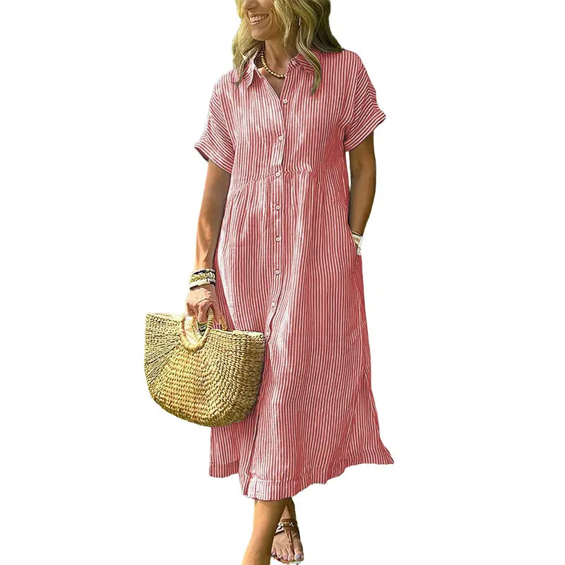 Women's Loose Striped Shirt Dress with Pockets & Bohemian Side Slit