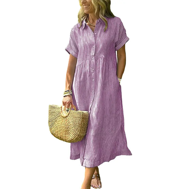 Women's Loose Striped Shirt Dress with Pockets & Bohemian Side Slit