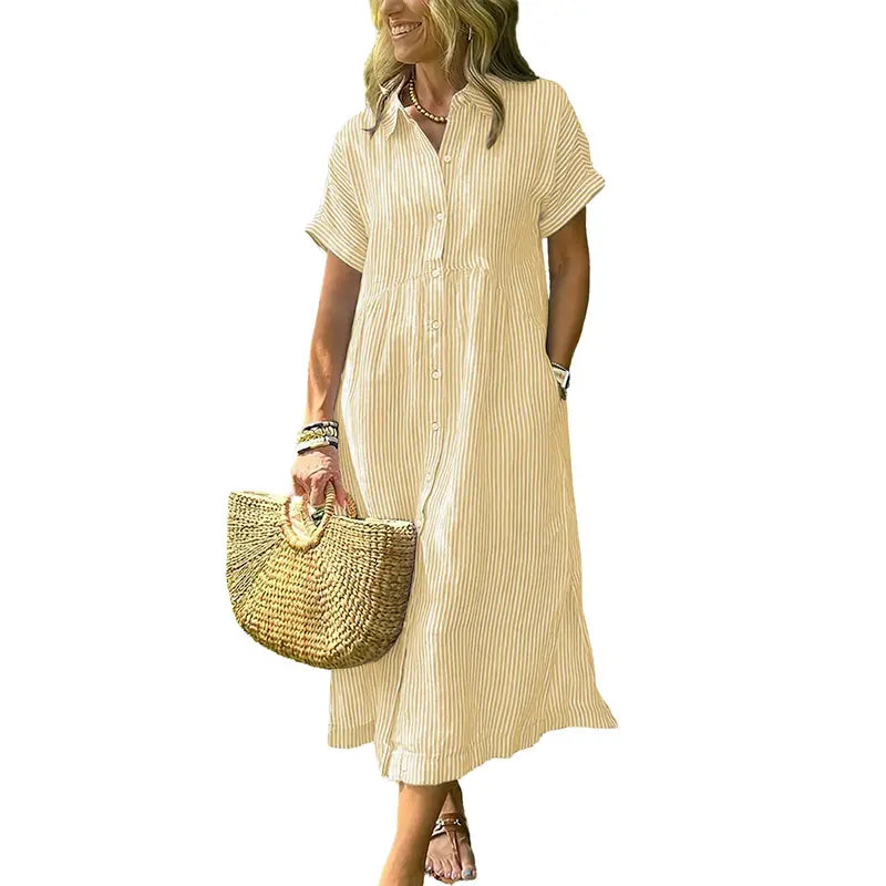 Women's Loose Striped Shirt Dress with Pockets & Bohemian Side Slit