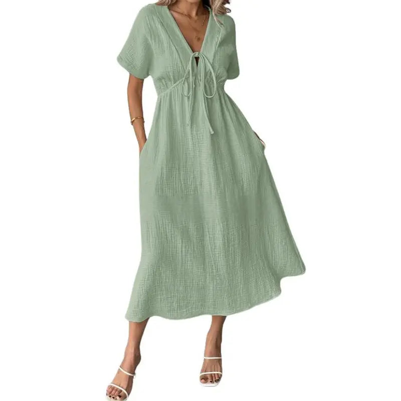 Women's Summer Solid V-Neck Cotton Dress