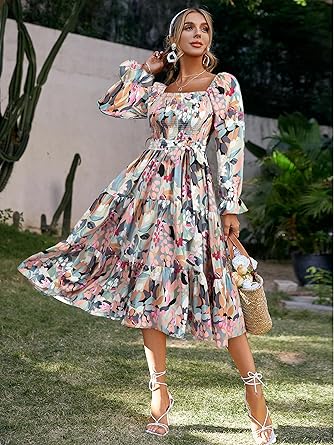 Women's Boho Long Sleeve Square Neck Floral Midi Dress