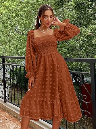 Women's Boho Long Sleeve Square Neck Floral Midi Dress
