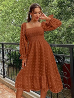 Women's Boho Long Sleeve Square Neck Floral Midi Dress
