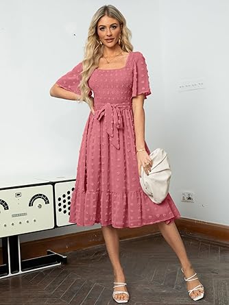 Women's Boho Long Sleeve Square Neck Floral Midi Dress