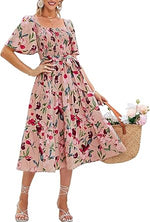 Women's Boho Long Sleeve Square Neck Floral Midi Dress