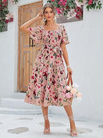 Women's Boho Long Sleeve Square Neck Floral Midi Dress
