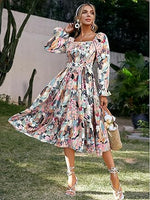 Women's Boho Long Sleeve Square Neck Floral Midi Dress