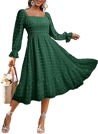 Women's Boho Long Sleeve Square Neck Floral Midi Dress