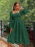 Women's Boho Long Sleeve Square Neck Floral Midi Dress