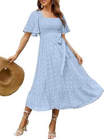 Women's Boho Long Sleeve Square Neck Floral Midi Dress
