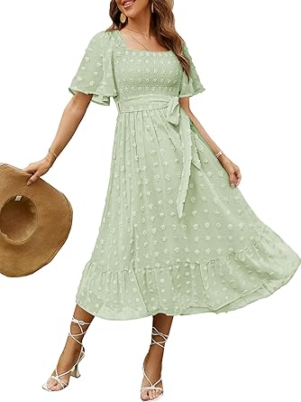 Women's Boho Long Sleeve Square Neck Floral Midi Dress