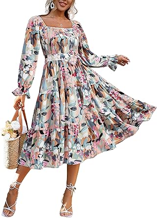 Women's Boho Long Sleeve Square Neck Floral Midi Dress