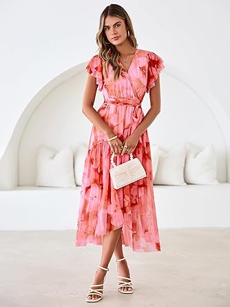 Women's Simple Floral V-Neck Short Sleeve Maxi Dress