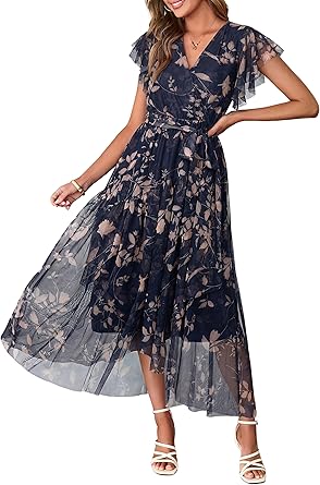 Women's Simple Floral V-Neck Short Sleeve Maxi Dress