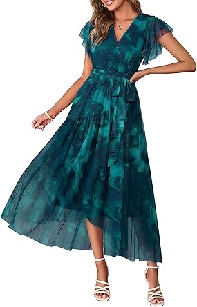 Women's Simple Floral V-Neck Short Sleeve Maxi Dress