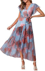 Women's Simple Floral V-Neck Short Sleeve Maxi Dress