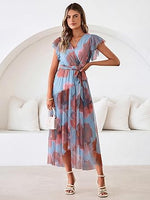 Women's Simple Floral V-Neck Short Sleeve Maxi Dress