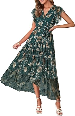 Women's Simple Floral V-Neck Short Sleeve Maxi Dress