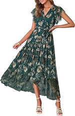 Women's Simple Floral V-Neck Short Sleeve Maxi Dress
