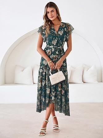 Women's Simple Floral V-Neck Short Sleeve Maxi Dress