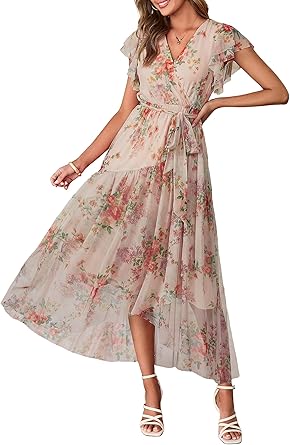 Women's Simple Floral V-Neck Short Sleeve Maxi Dress
