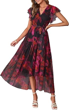 Women's Simple Floral V-Neck Short Sleeve Maxi Dress