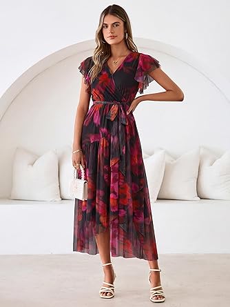 Women's Simple Floral V-Neck Short Sleeve Maxi Dress