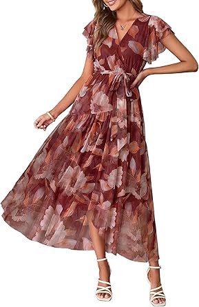 Women's Simple Floral V-Neck Short Sleeve Maxi Dress