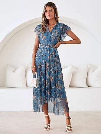 Women's Simple Floral V-Neck Short Sleeve Maxi Dress
