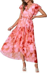 Women's Simple Floral V-Neck Short Sleeve Maxi Dress