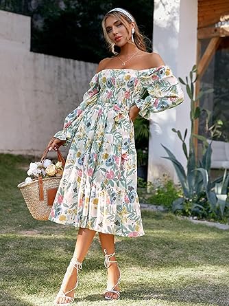 Women's Boho Flowy Long Sleeve Square Neck Floral Midi Dress