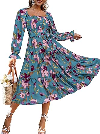 Women's Boho Flowy Long Sleeve Square Neck Floral Midi Dress