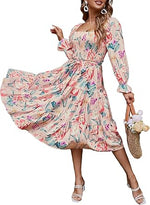 Women's Boho Flowy Long Sleeve Square Neck Floral Midi Dress