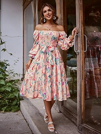 Women's Boho Flowy Long Sleeve Square Neck Floral Midi Dress