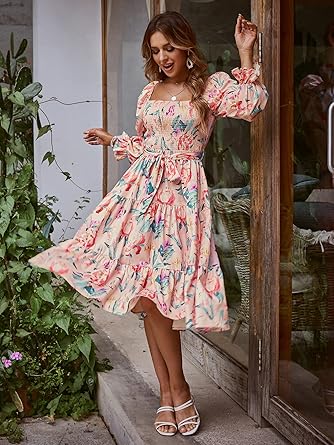 Women's Boho Flowy Long Sleeve Square Neck Floral Midi Dress