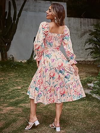 Women's Boho Flowy Long Sleeve Square Neck Floral Midi Dress